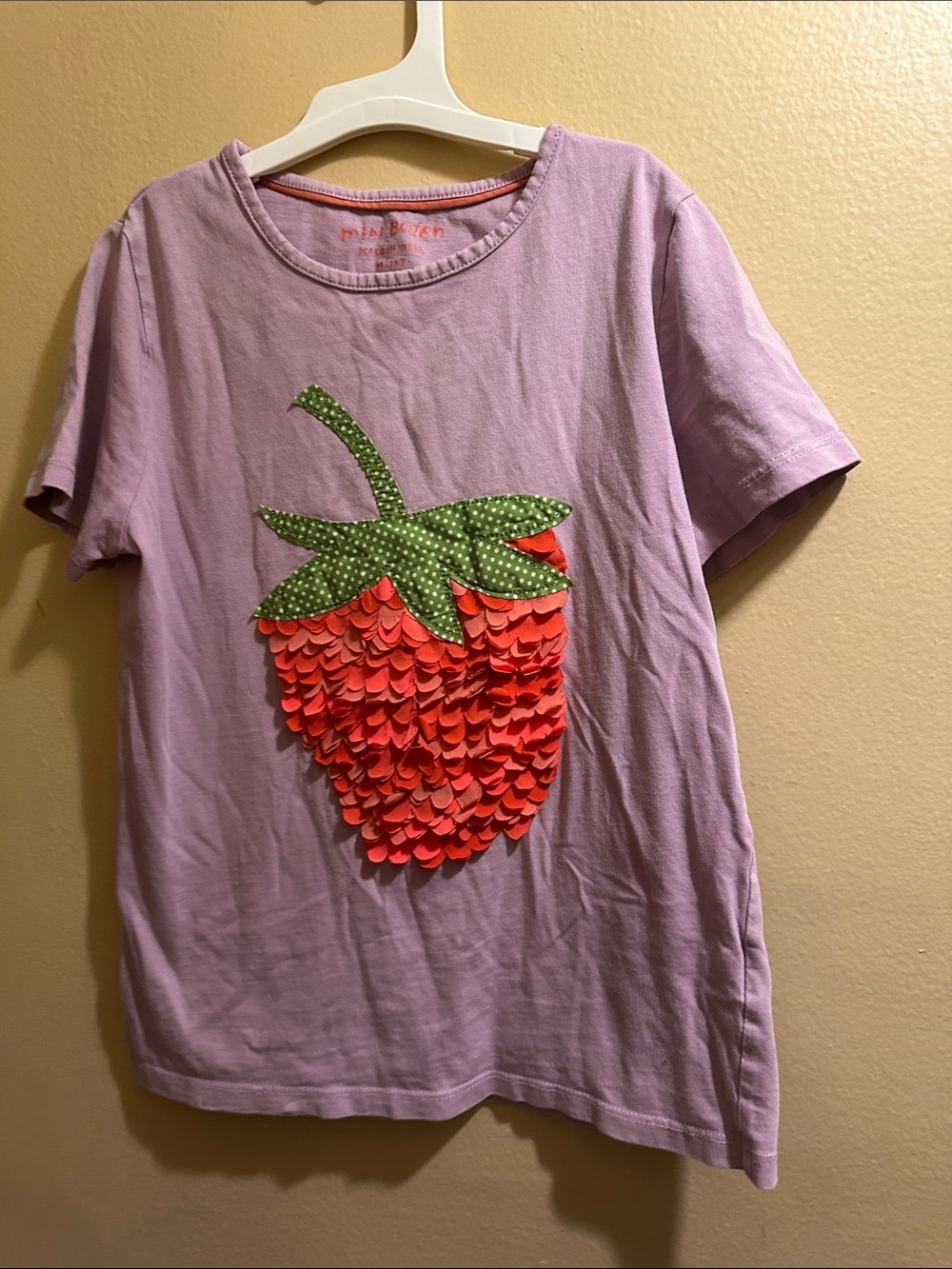 Mini Boden Lavender Tee with Green Polka-Dot Stem and Red Strawberry Applique